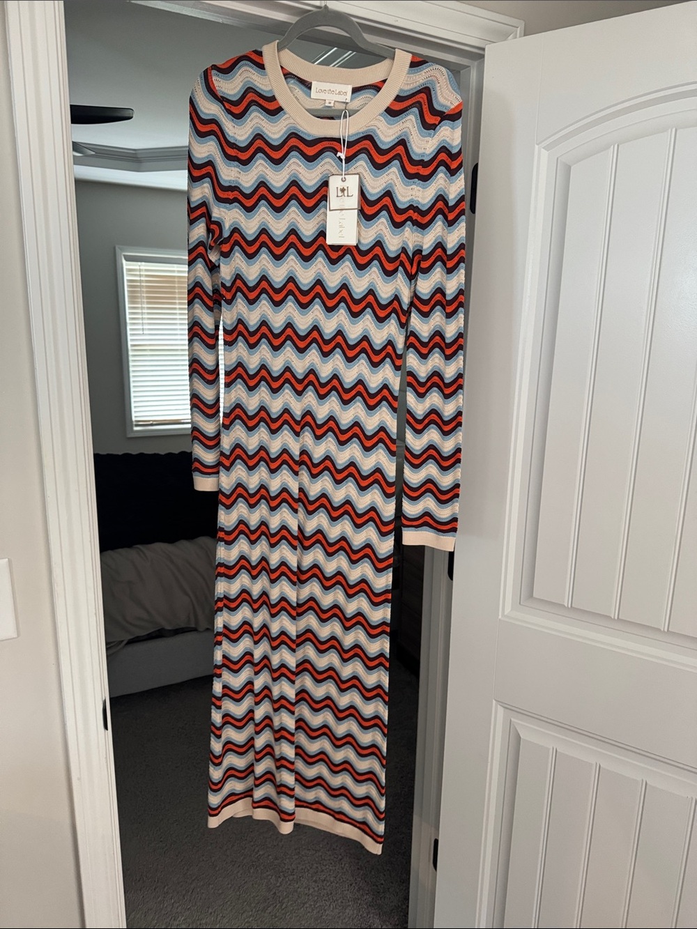 Long Sleeve Wave-Print Maxi Dress in Blue/Red/White - LoveShackFancy